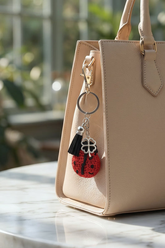 Milleniva örgü uğur böceği charm anahtarlık, kot pantolon kemer köprüsünde askılı.