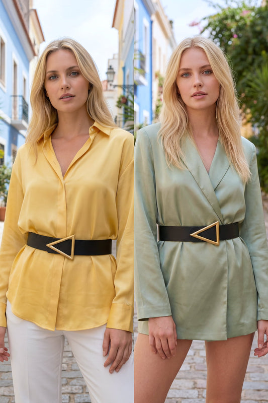 Milleniva siyah suni deri kadın kemeri. Üçgen tokalı, günlük kullanıma uygun. Kadın giyim aksesuarı.