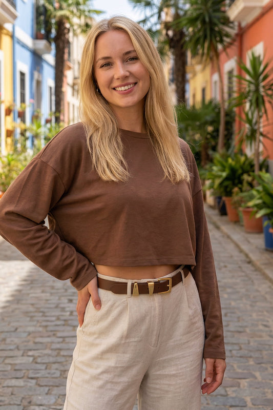 Milleniva kadın kemeri, altın tokalı, kahverengi suni deri.