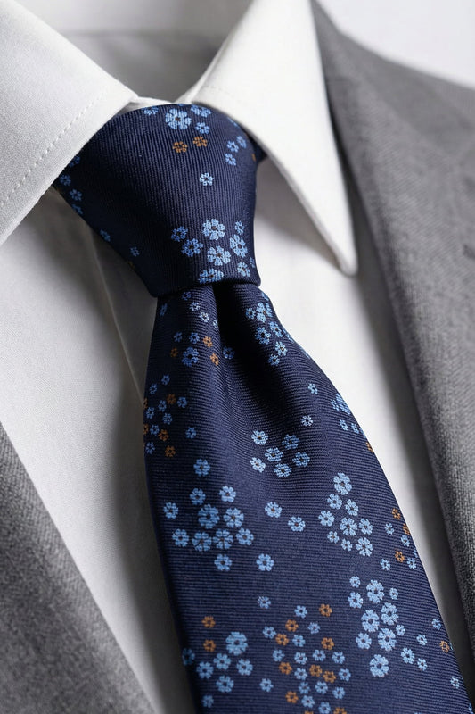 Milleniva Lacivert Üzeri Mavi Çiçekli Kravat - Yakın Çekim Düğüm ve Dokulu Kumaş Detayı