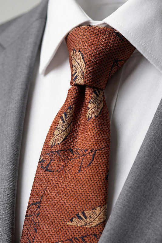 Milleniva kiremit rengi dokuma kravat düğüm detayı - bej ve lacivert tüy desenleri yakından