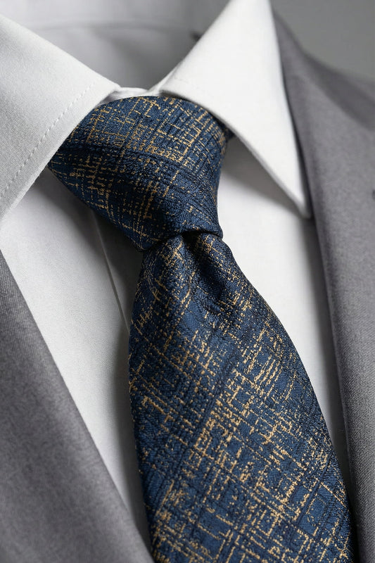 Milleniva Lacivert Altın Dokuma Kravat - Yakın Çekim Kumaş ve Düğüm Detayı