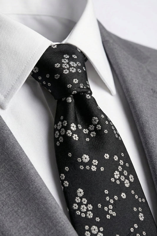 Milleniva Siyah Mikro Çiçekli Dokuma Kravat - Beyaz Gömlek Yakasında Bağlama ve Doku Görünümü