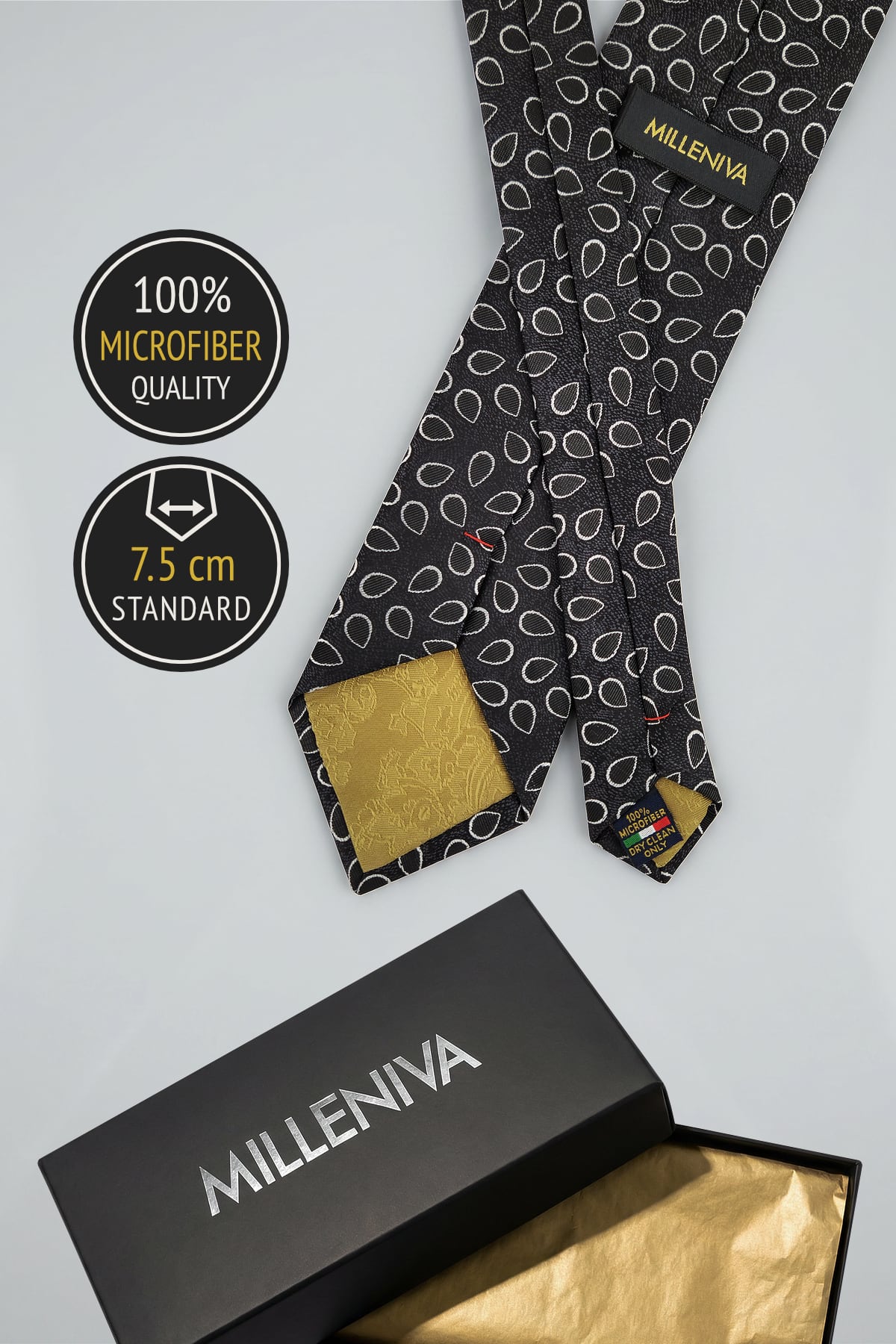 Mikrofiber damla desenli siyah kravat ve özel kutusu