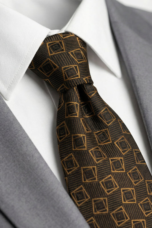 Milleniva Kahverengi Dokuma Desenli Kravat - Yakın Çekim Düğüm ve Kumaş Dokusu