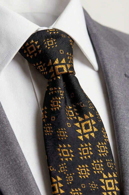 Milleniva Siyah Altın Jakar Dokuma Desenli Kravat - Yakın Çekim Düğüm ve Kumaş Dokusu