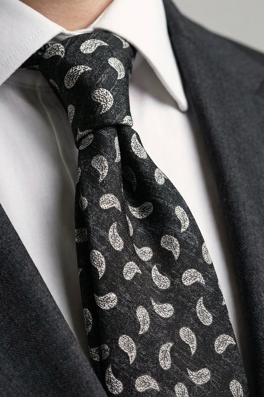 Milleniva mikrofiber şal desenli kravatın eskitme dokusu ve düğüm detayı yakın çekimi.