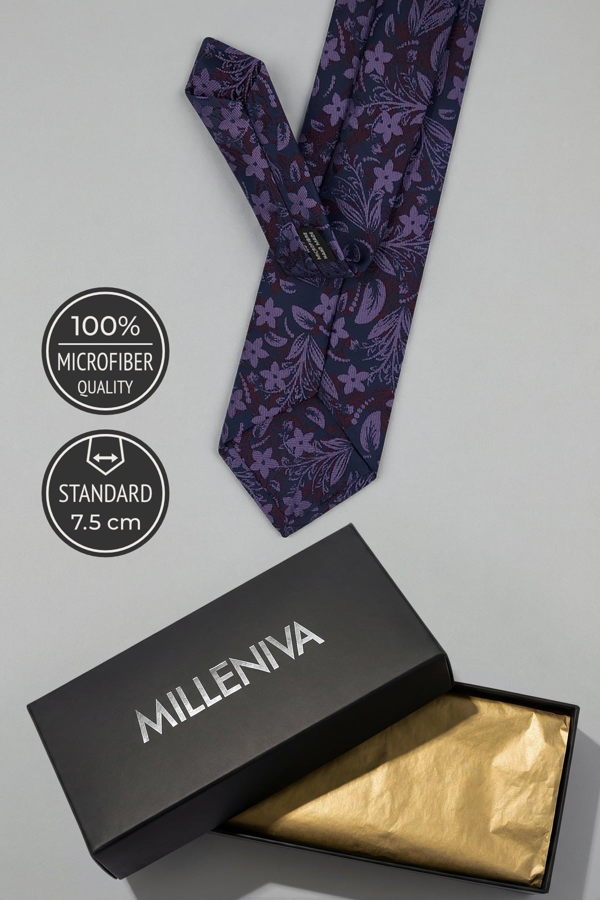 Milleniva 7.5 cm Mikrofiber Mor Desenli Kravat - Siyah Logolu Hediye Kutusu