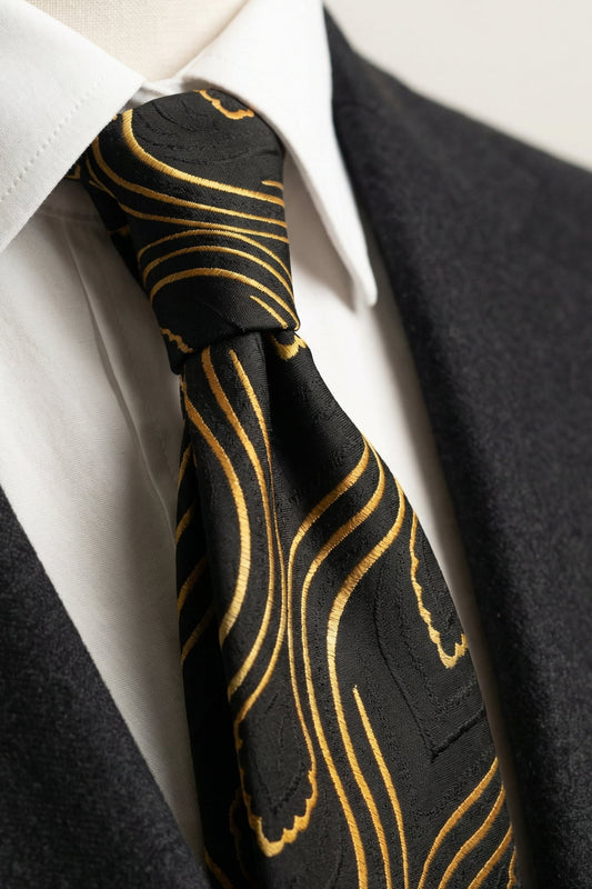 Milleniva mikrofiber siyah kravat yakından görünümü; altın sarısı modern dalgalı desenler ve kaliteli doku detayları.