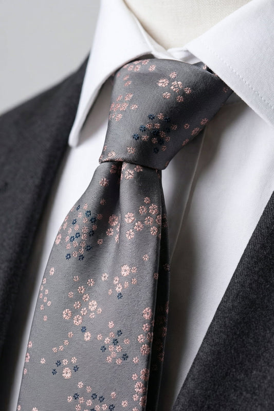 Beyaz gömlek ve koyu gri ceket ile yakın çekim Milleniva gri pembe çiçekli erkek kravat düğümü.