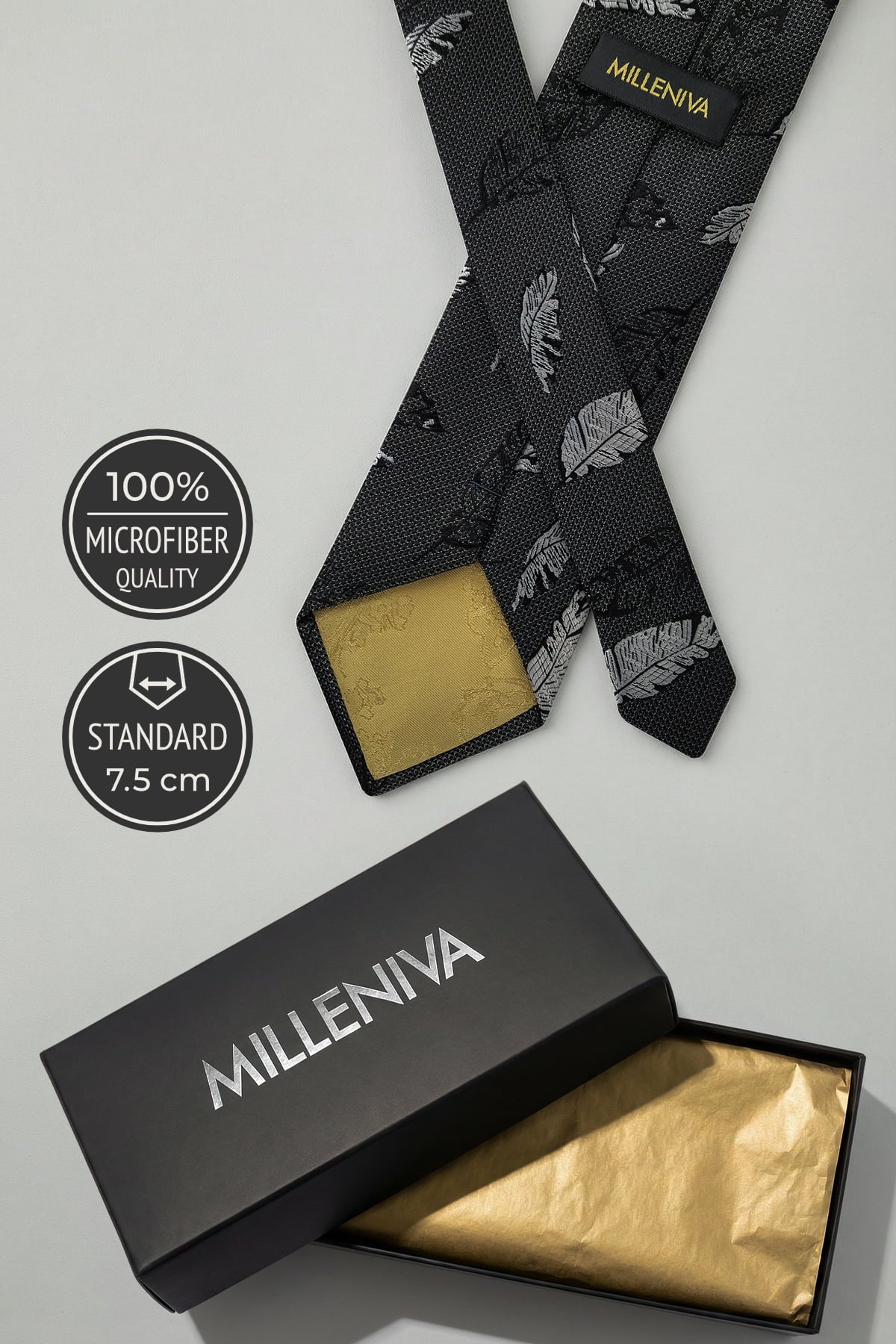 Milleniva Siyah Tüy Desenli Mikrofiber Kravat - 7.5 cm Standart Genişlik ve Özel Hediye Kutusu