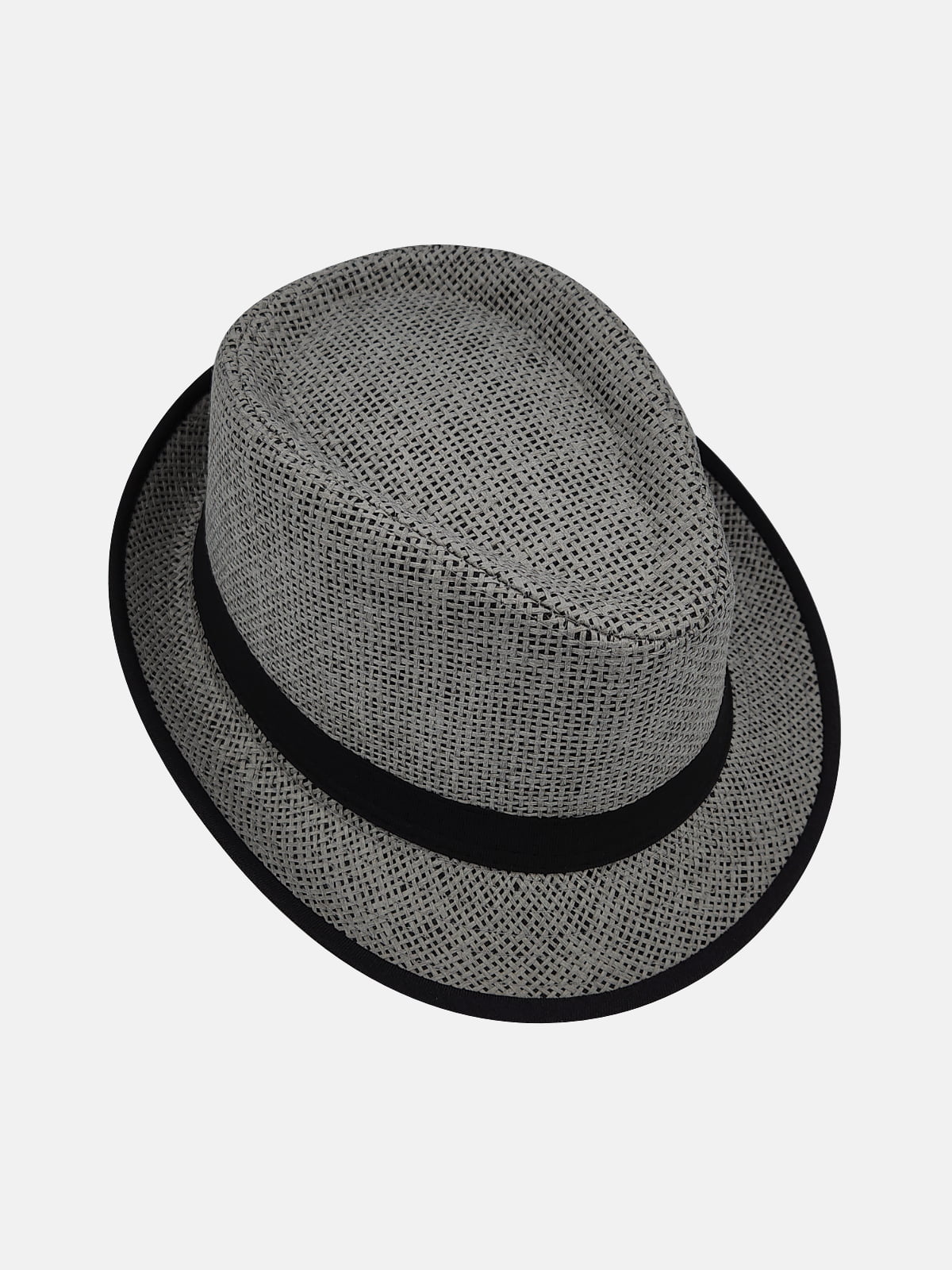 Milleniva gri unisex hasır fötr şapka. Siyah bantlı yazlık trilby, moda ve günlük stil.