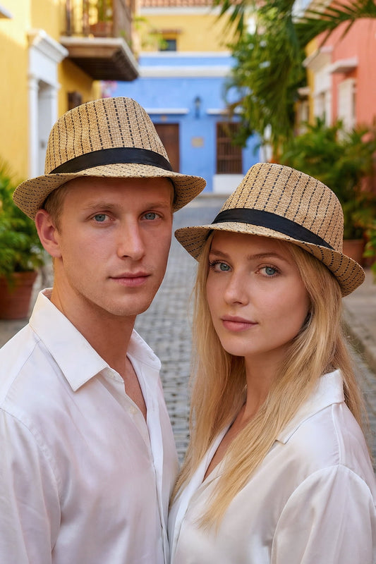 Milleniva unisex çizgili trilby şapka. Hem kadın hem erkek için şık yazlık hasır fötr şapka. Günlük moda.