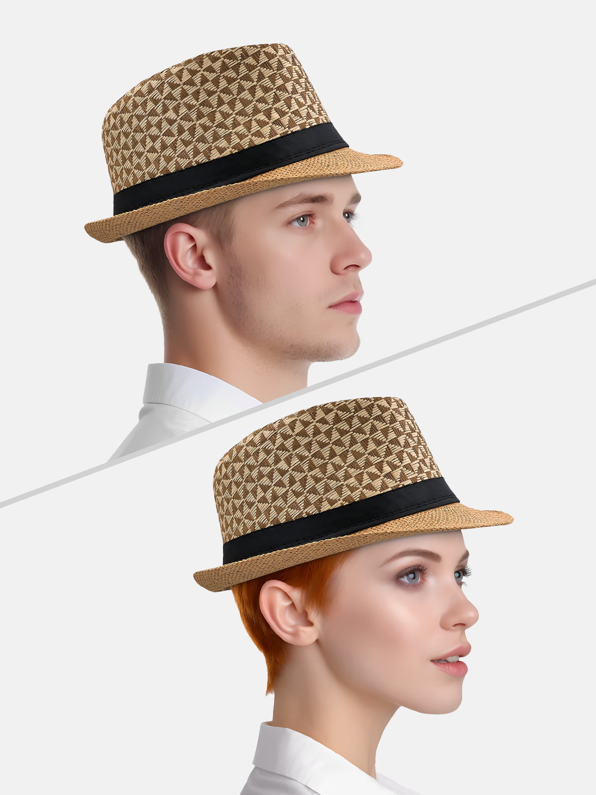 Milleniva yazlık fötr trilby şapka erkek ve kadın modelleri. Hasır, üçgen desenli unisex moda şapka.