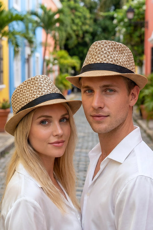 Milleniva yazlık fötr trilby şapka erkek ve kadın modelleri. Hasır, üçgen desenli unisex moda şapka.