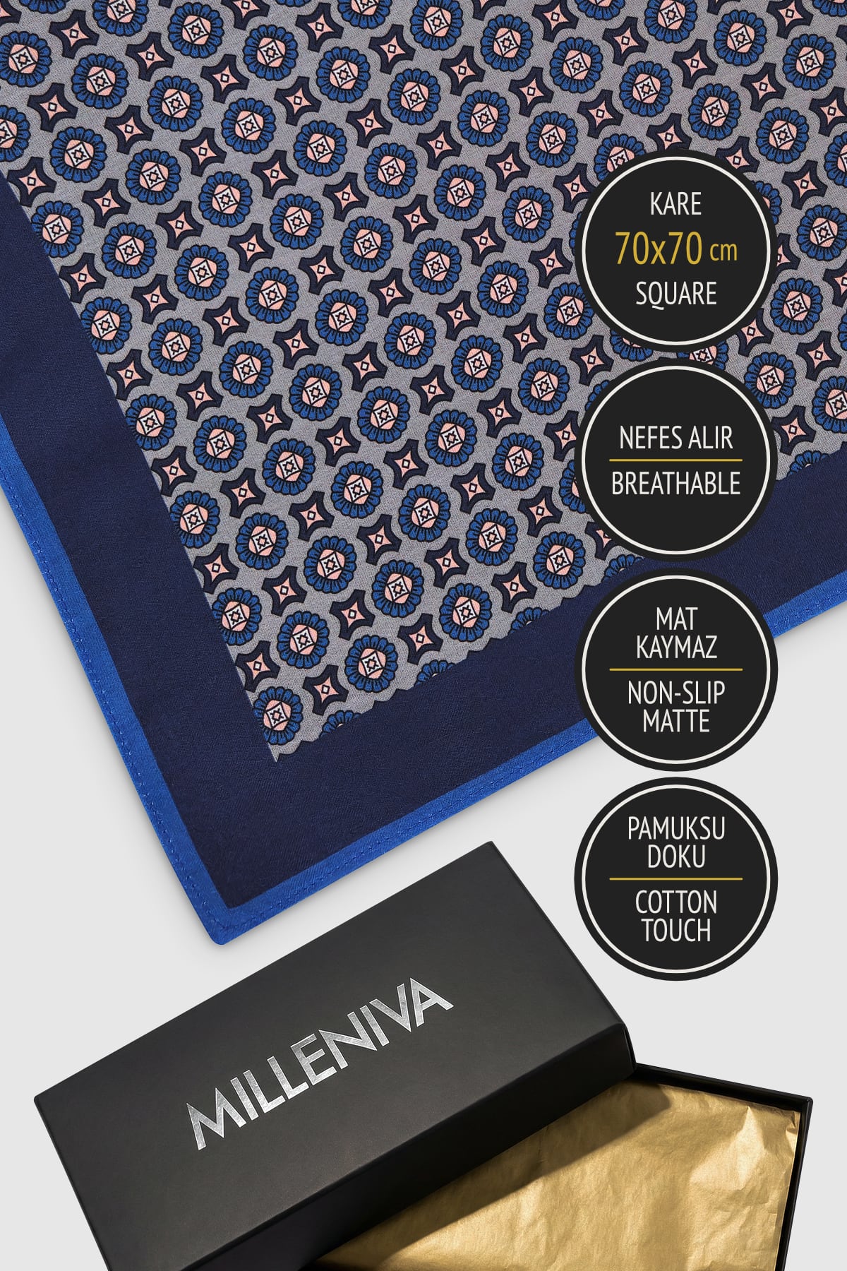 Retro Motif Desenli Mavi Pembe 70x70 Soft Touch Mat Kare Fular