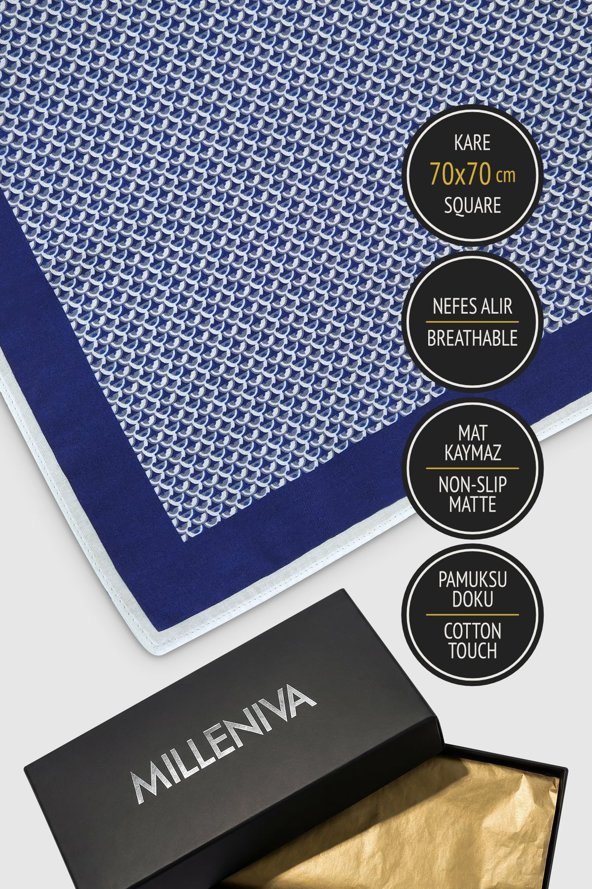 Mikro Pul Desenli Mavi Beyaz 70x70 Soft Touch Mat Kare Fular