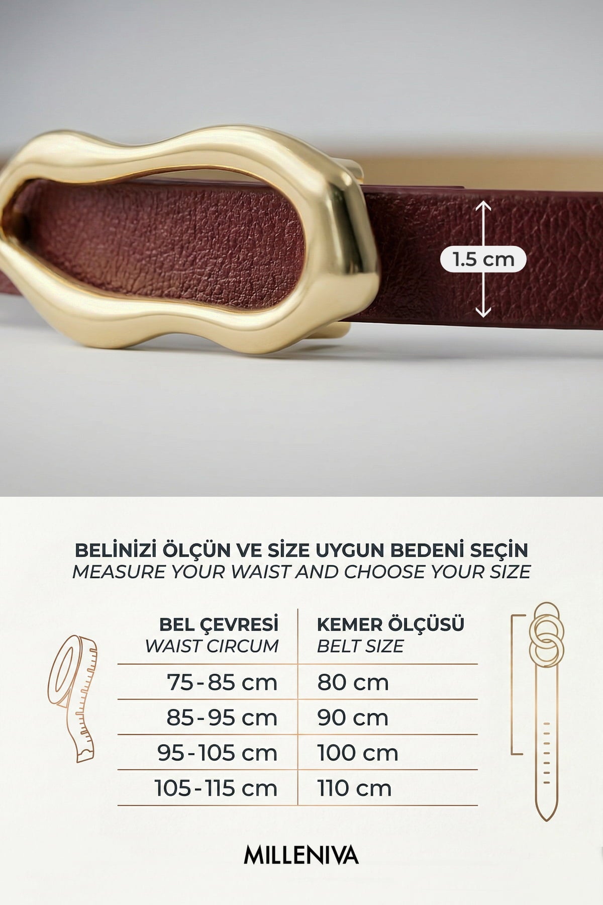 Milleniva bordo deri ince kadın kemeri ve beden tablosu görseli.