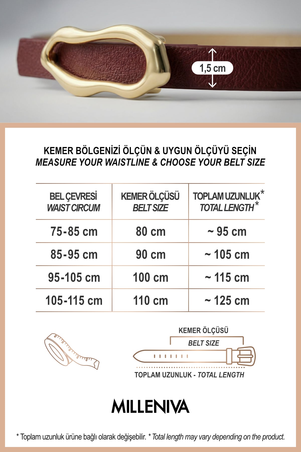 Milleniva bordo deri ince kadın kemeri ve beden tablosu görseli.