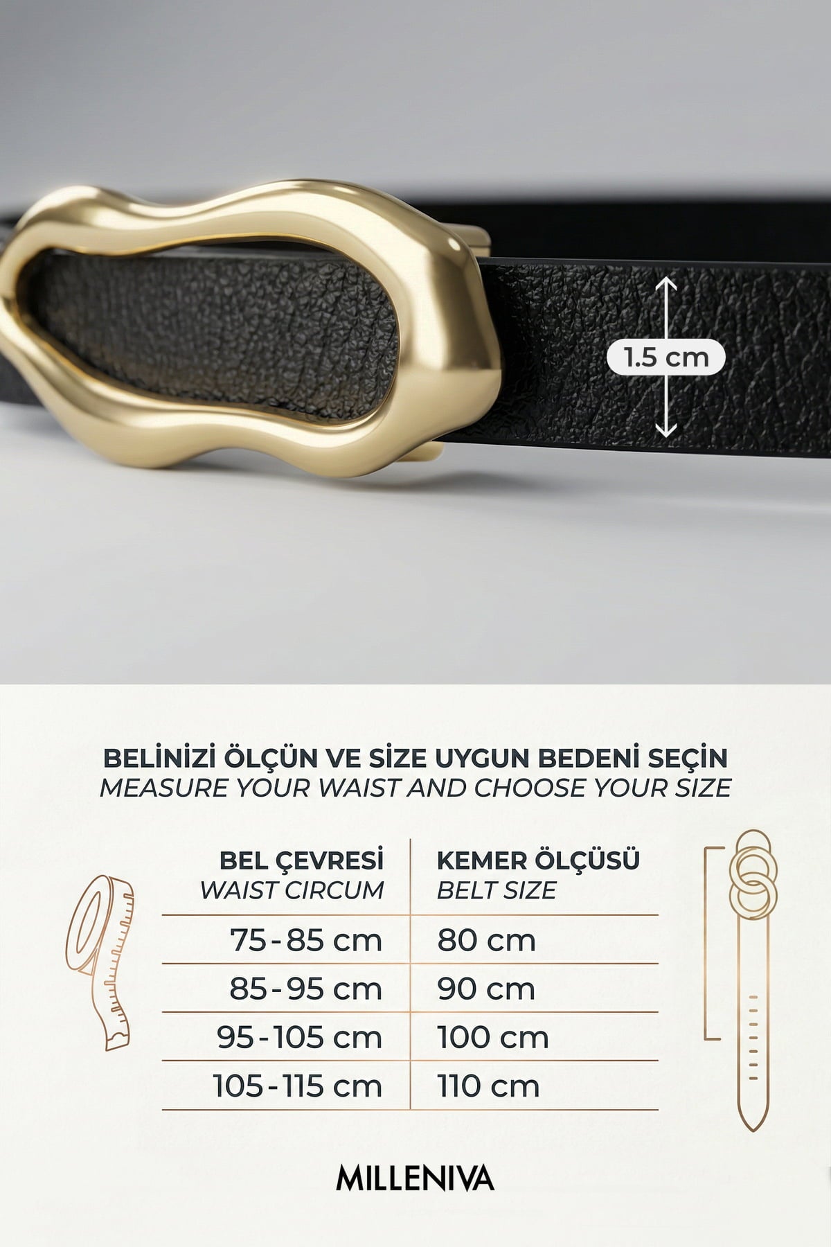 Milleniva siyah deri kemer ve beden tablosu görseli.