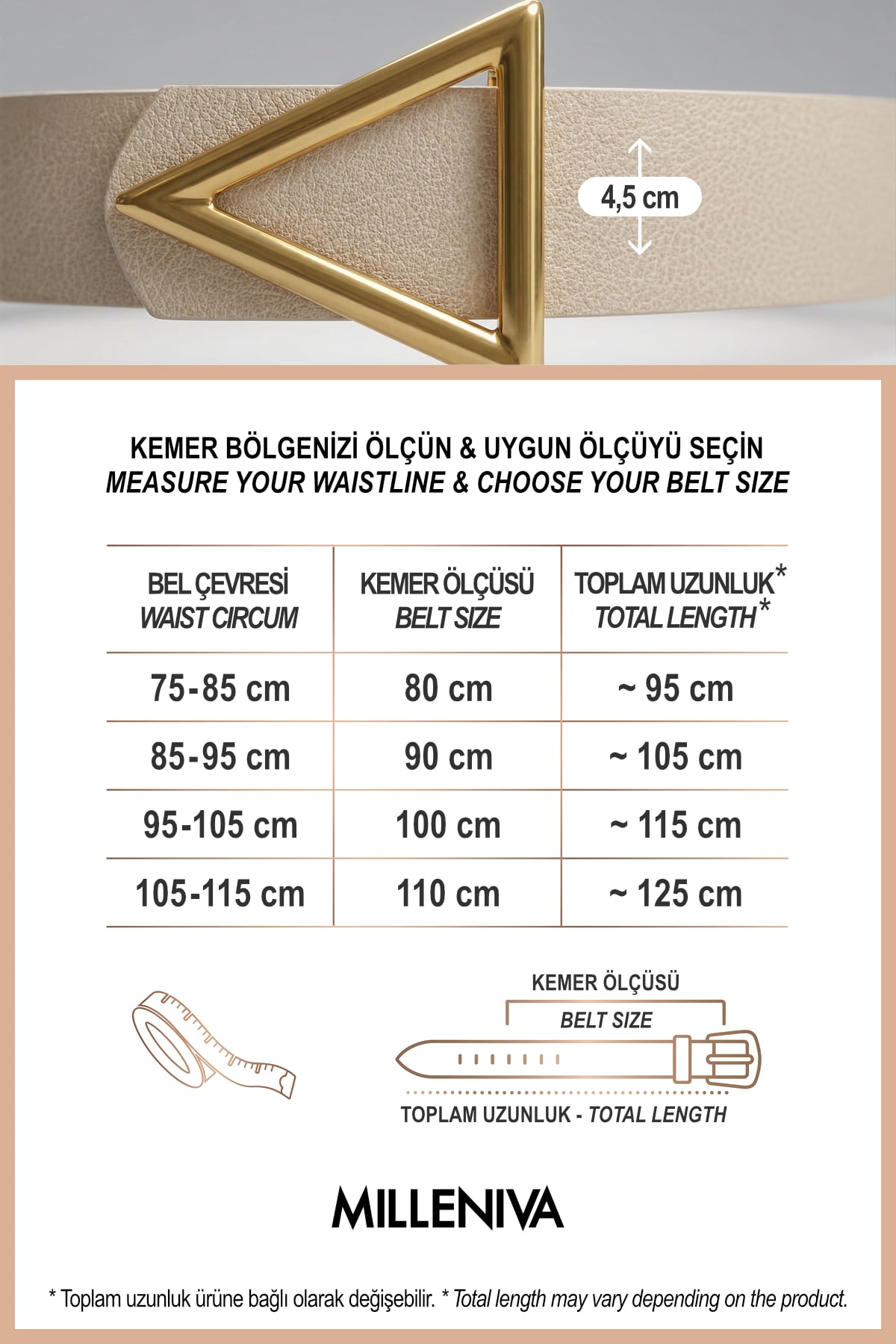 Milleniva kadın kemer ölçüleri. Ekru suni deri, altın üçgen toka, 4.5 cm genişlik.
