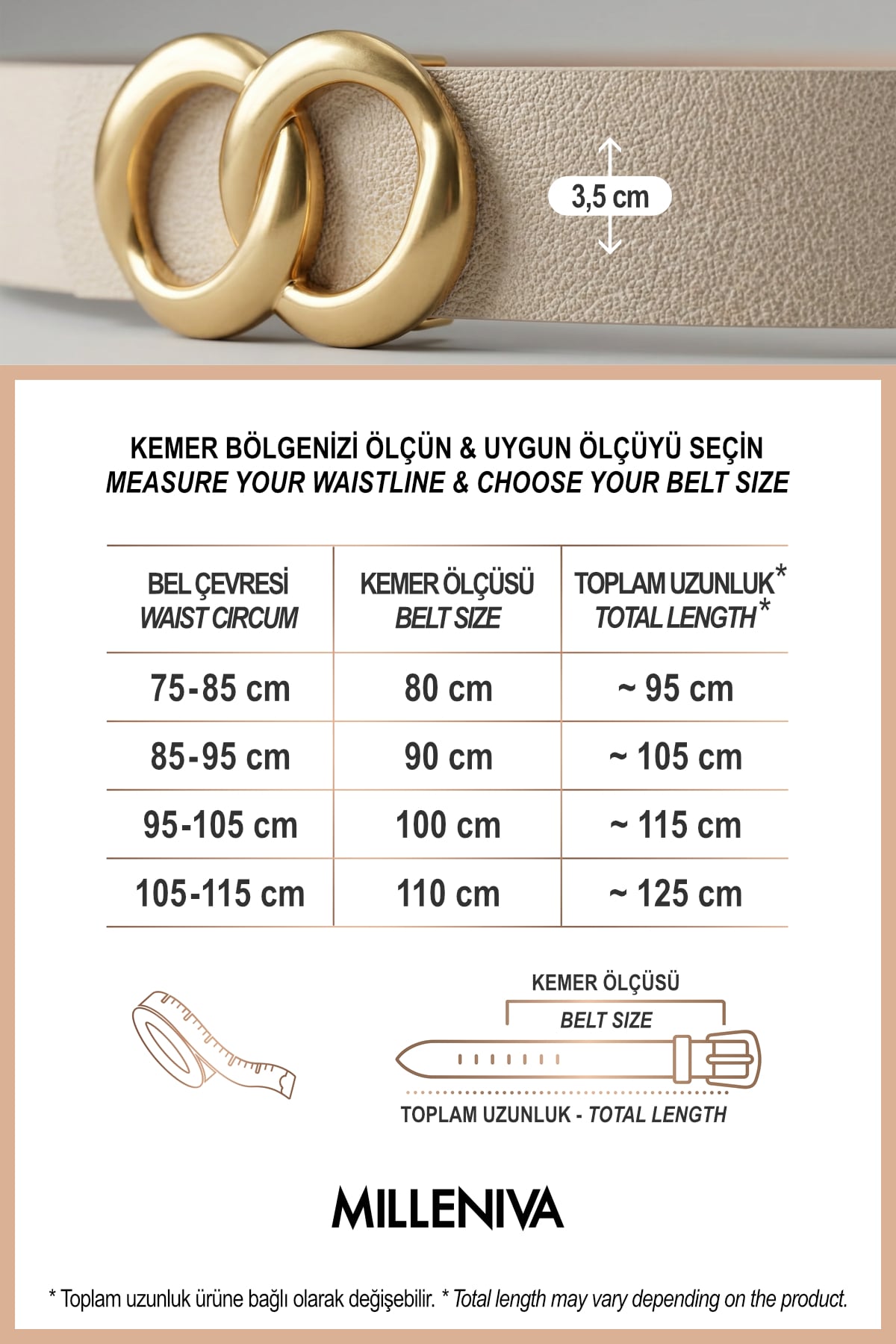 Milleniva ekru kadın kemeri. Suni deri, gold sonsuzluk tokalı.