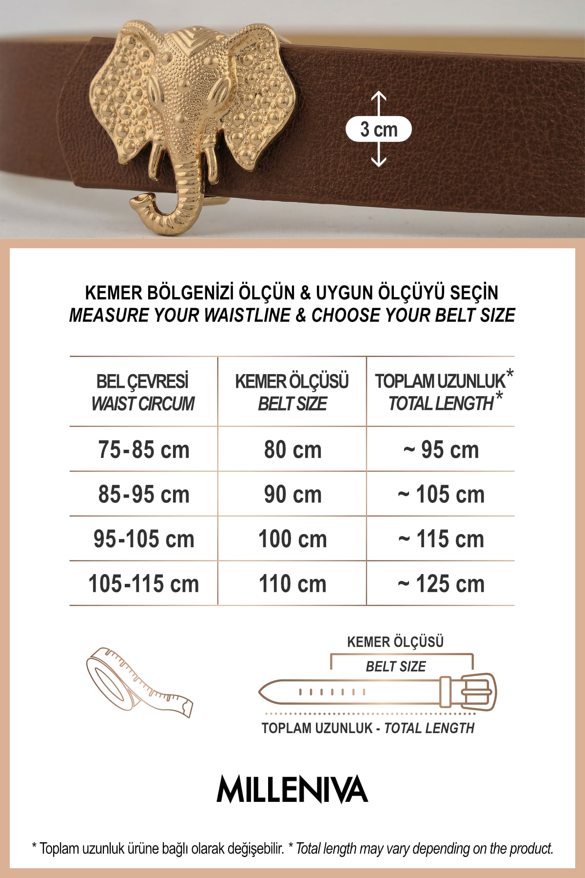 Milleniva kadın kemer beden tablosu ve taba rengi kemer üzerine fil tokalı aksesuarın yakın çekim detayı.