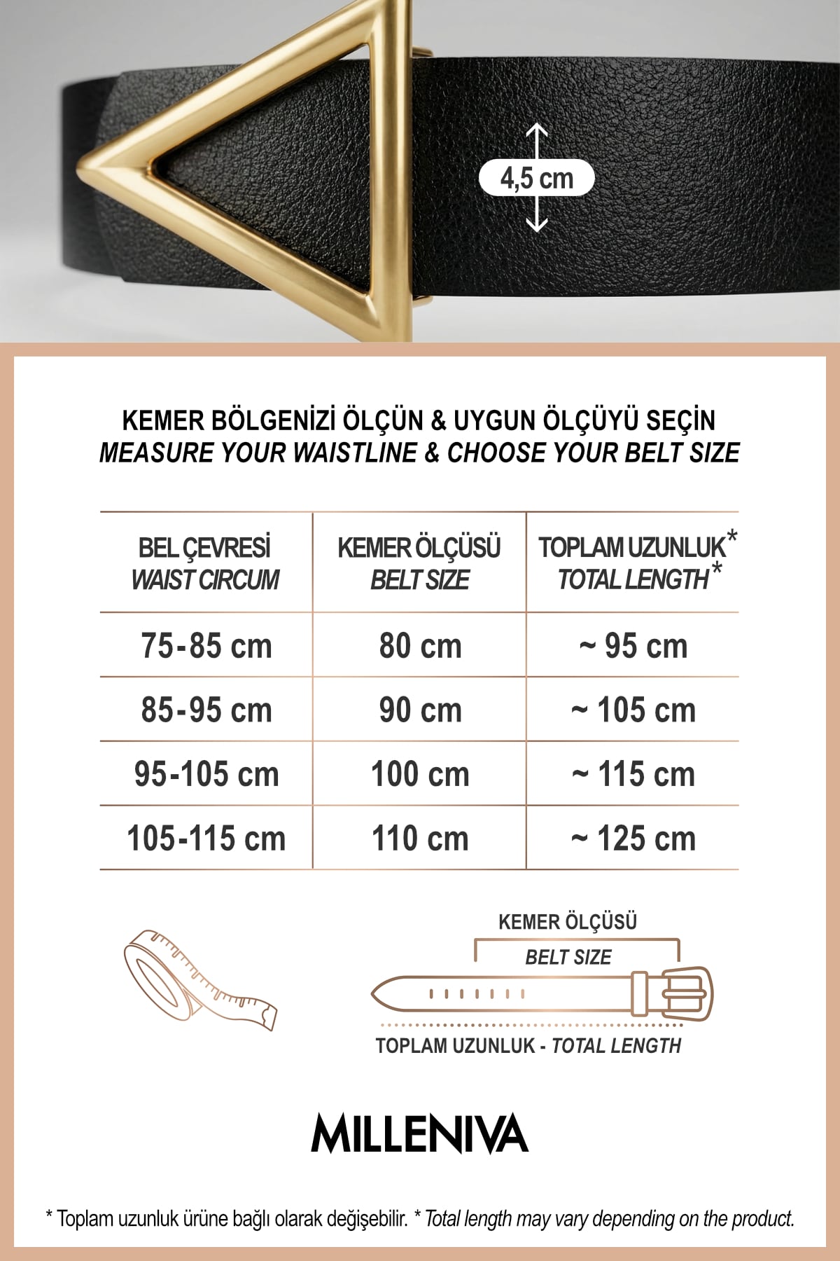 Milleniva kadın kemeri ölçüleri. Altın renk üçgen tokalı siyah suni deri kemer. Bel çevresi uyumlu.