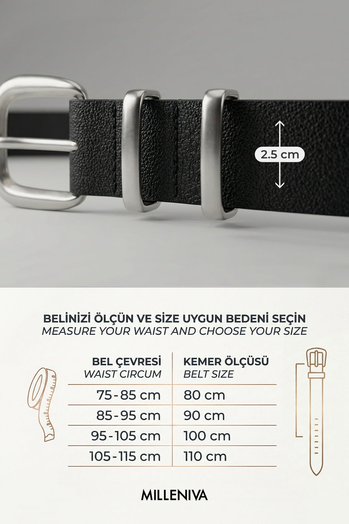 Milleniva siyah kadın kemeri beden tablosu, çift köprülü ve gümüş renk metal tokalı, suni deri, modern ve kullanışlı.