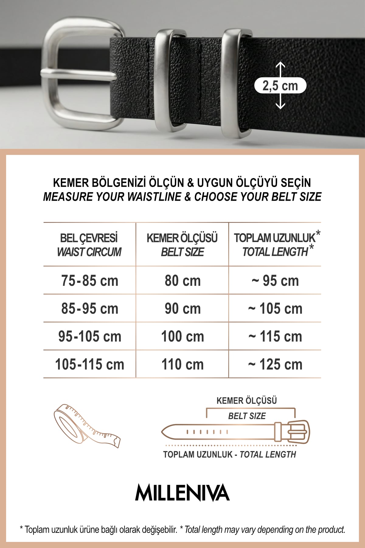 Milleniva siyah kadın kemeri beden tablosu, çift köprülü ve gümüş renk metal tokalı, suni deri, modern ve kullanışlı.