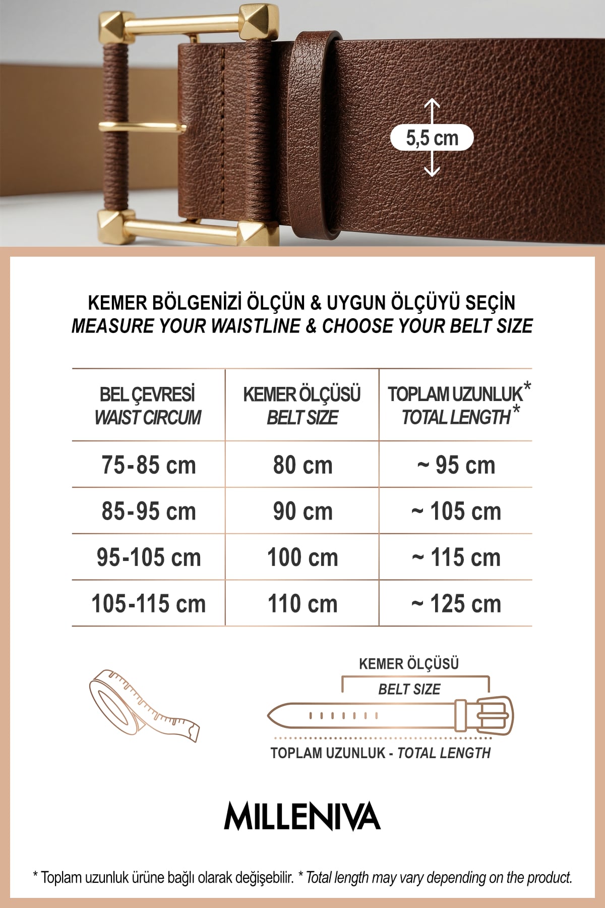 Milleniva kahverengi kadın kemeri ölçüleri, suni deri, altın kare toka ve ip detayı ile.