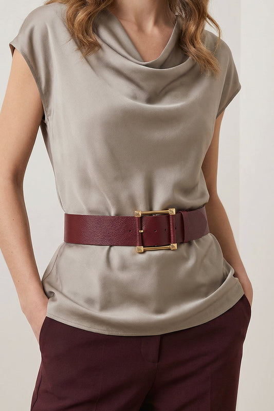 Milleniva altın tokalı bordo kadın kemeri, ip detaylı kalın suni deri günlük kombin tamamlayıcı.