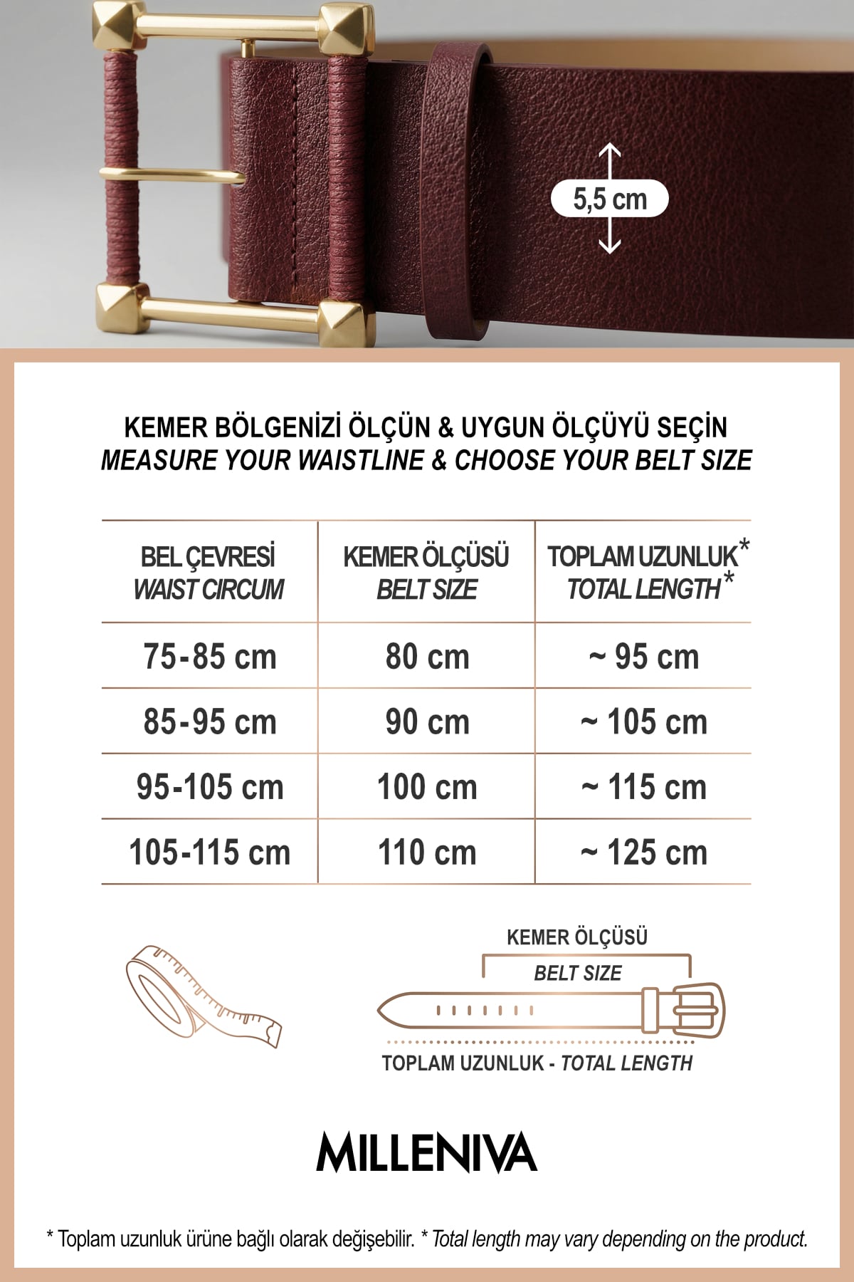 Milleniva bordo kadın kemeri beden tablosu. Kalın suni deri altın tokalı kemer ölçüleri.
