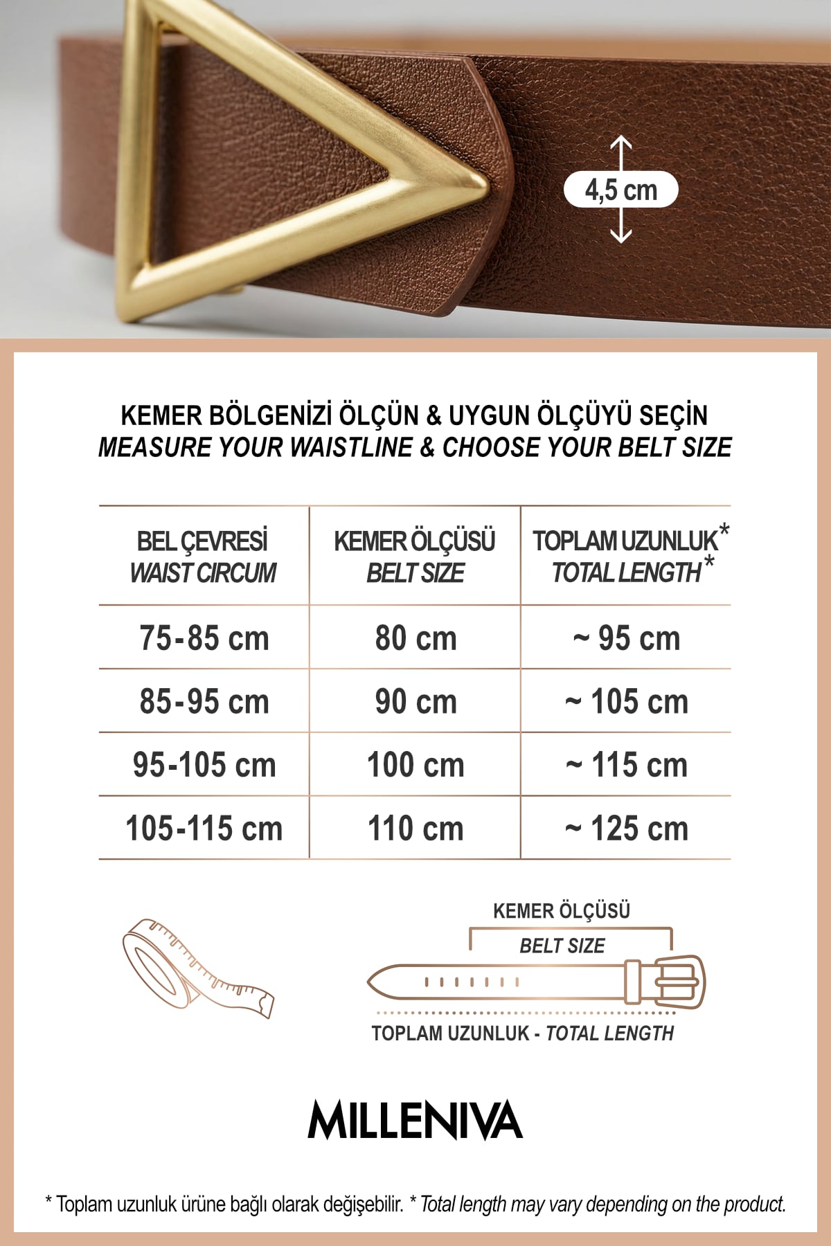 Milleniva altın üçgen tokalı kahverengi kadın kemeri ölçüleri. Kaliteli suni deri, günlük kullanım için ideal.