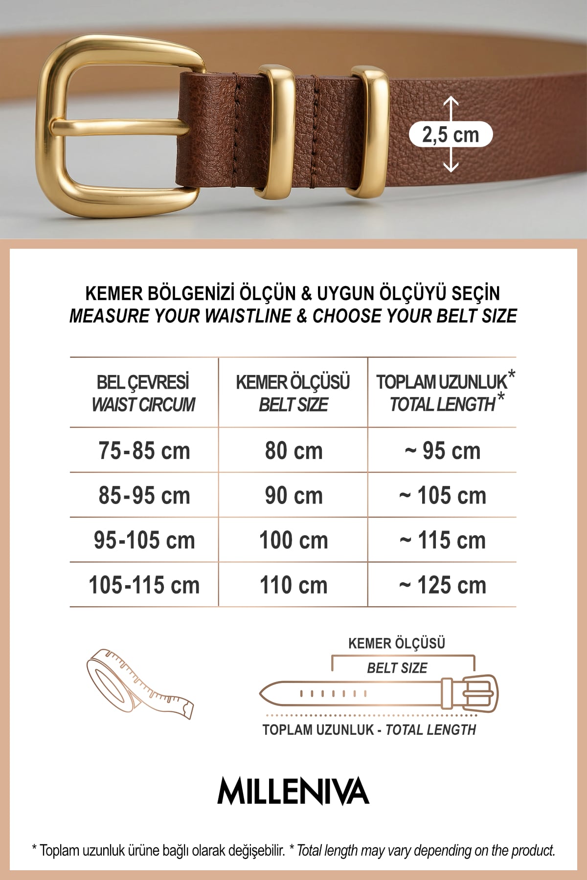 Milleniva kahverengi kadın kemeri, altın tokalı. Suni deri şık aksesuar.