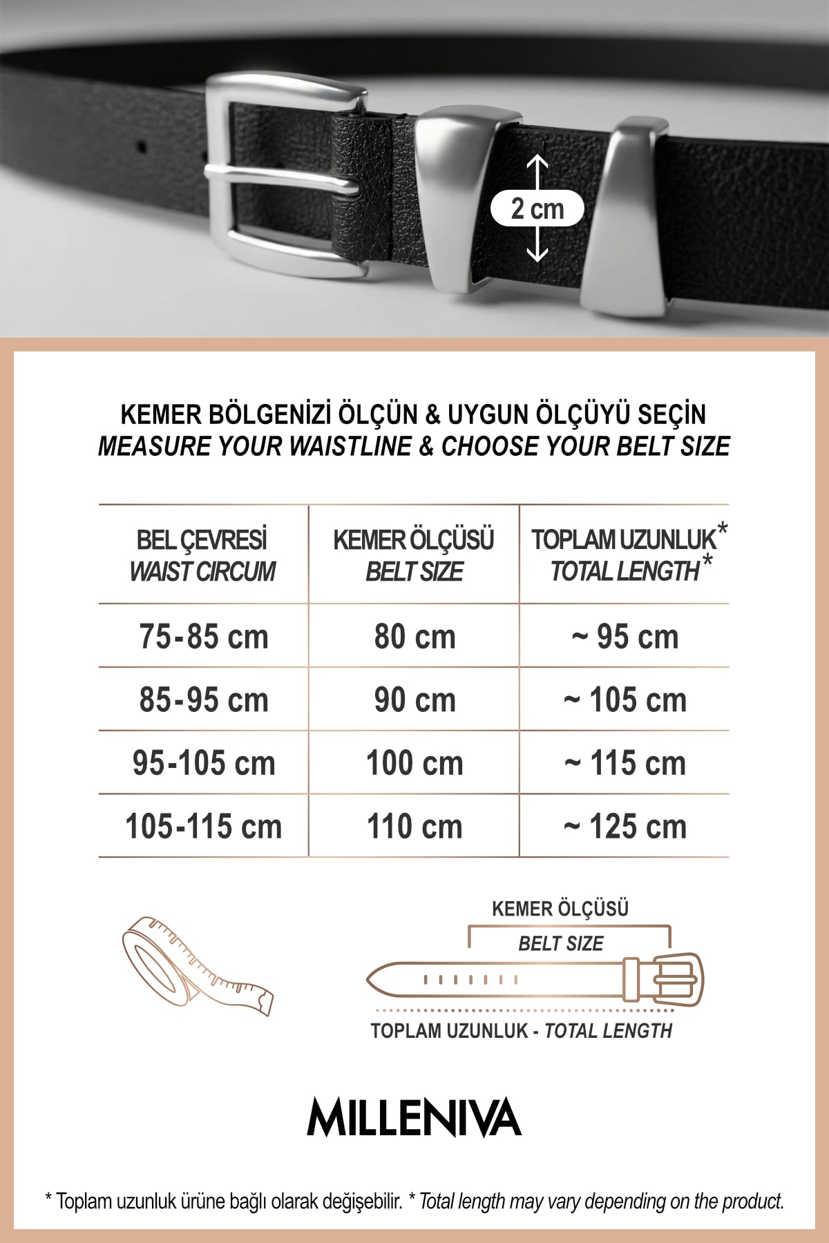 Milleniva siyah kadın kemeri beden tablosu, metal tokalı, suni deri, asimetrik köprülü modern ve kullanışlı.