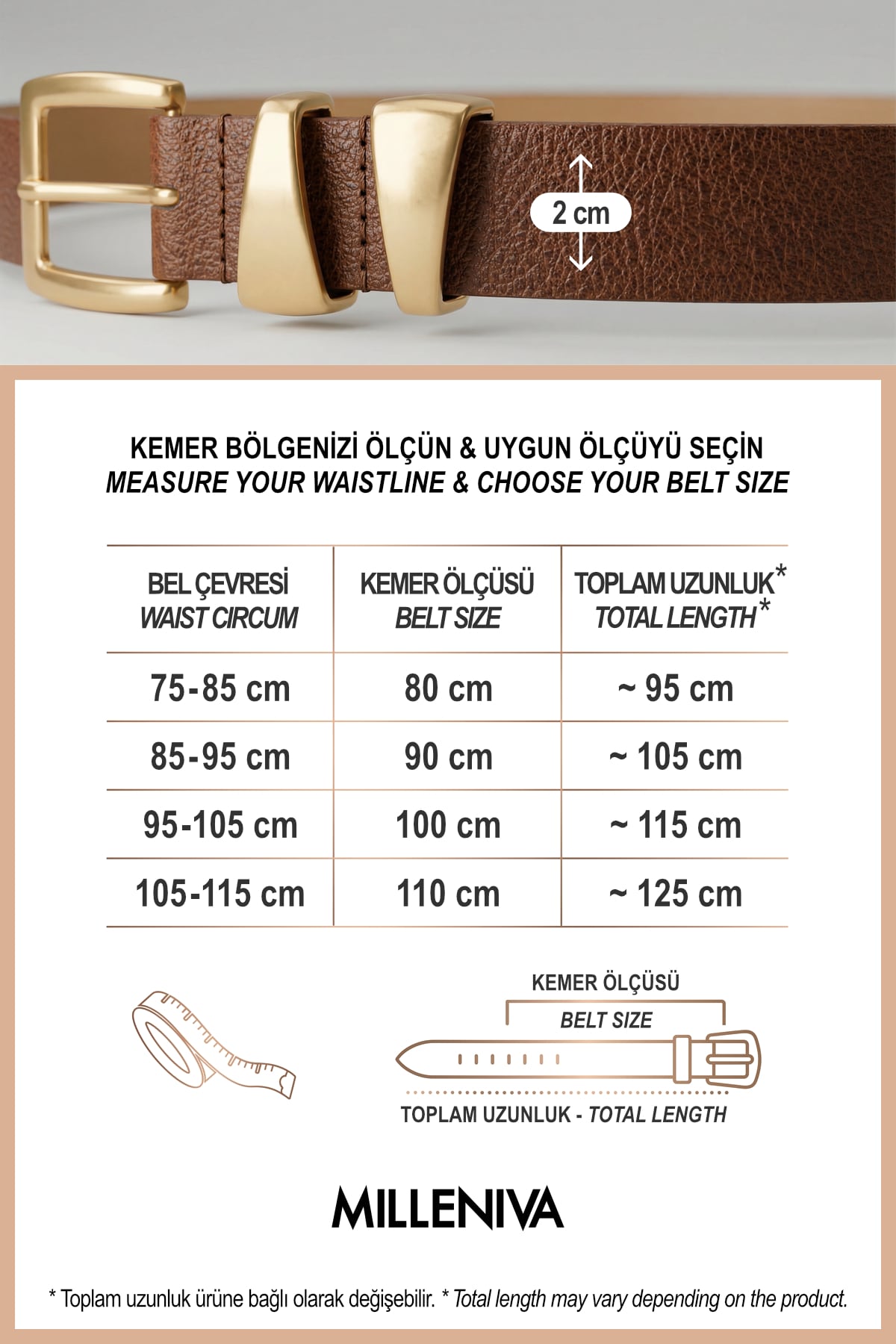Milleniva kahverengi kadın kemeri, altın çift köprülü tokalı, günlük kullanım.