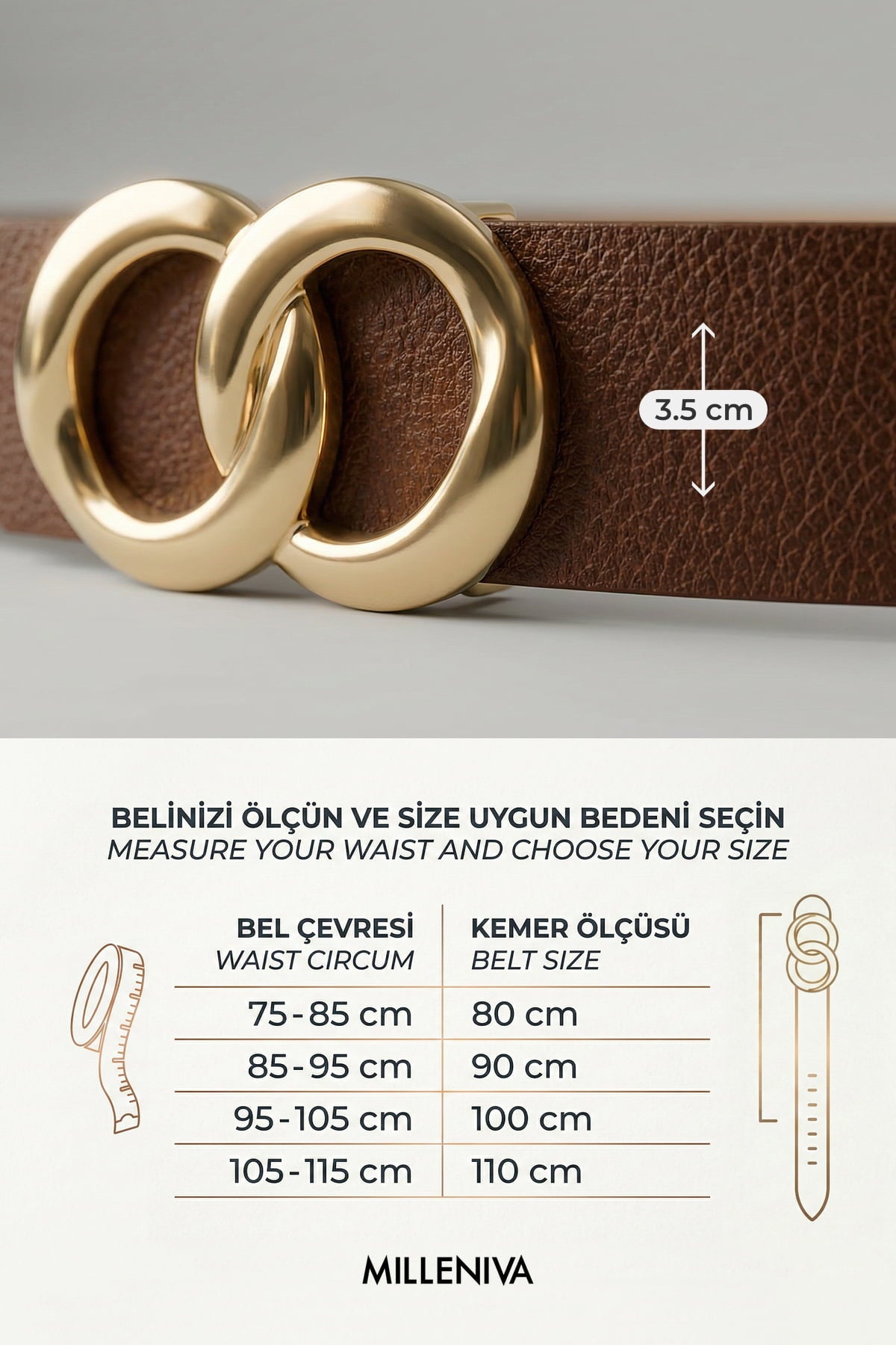 Milleniva kahverengi kadın kemeri. Suni deri, altın sonsuzluk tokalı kemer.