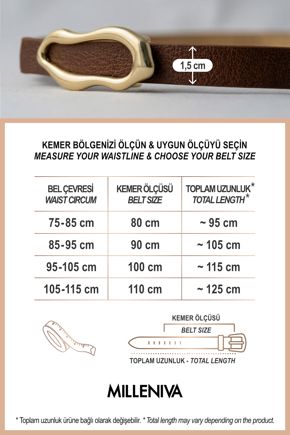 Milleniva kahverengi kadın deri kemer ve detaylı ölçü ve beden tablosu.