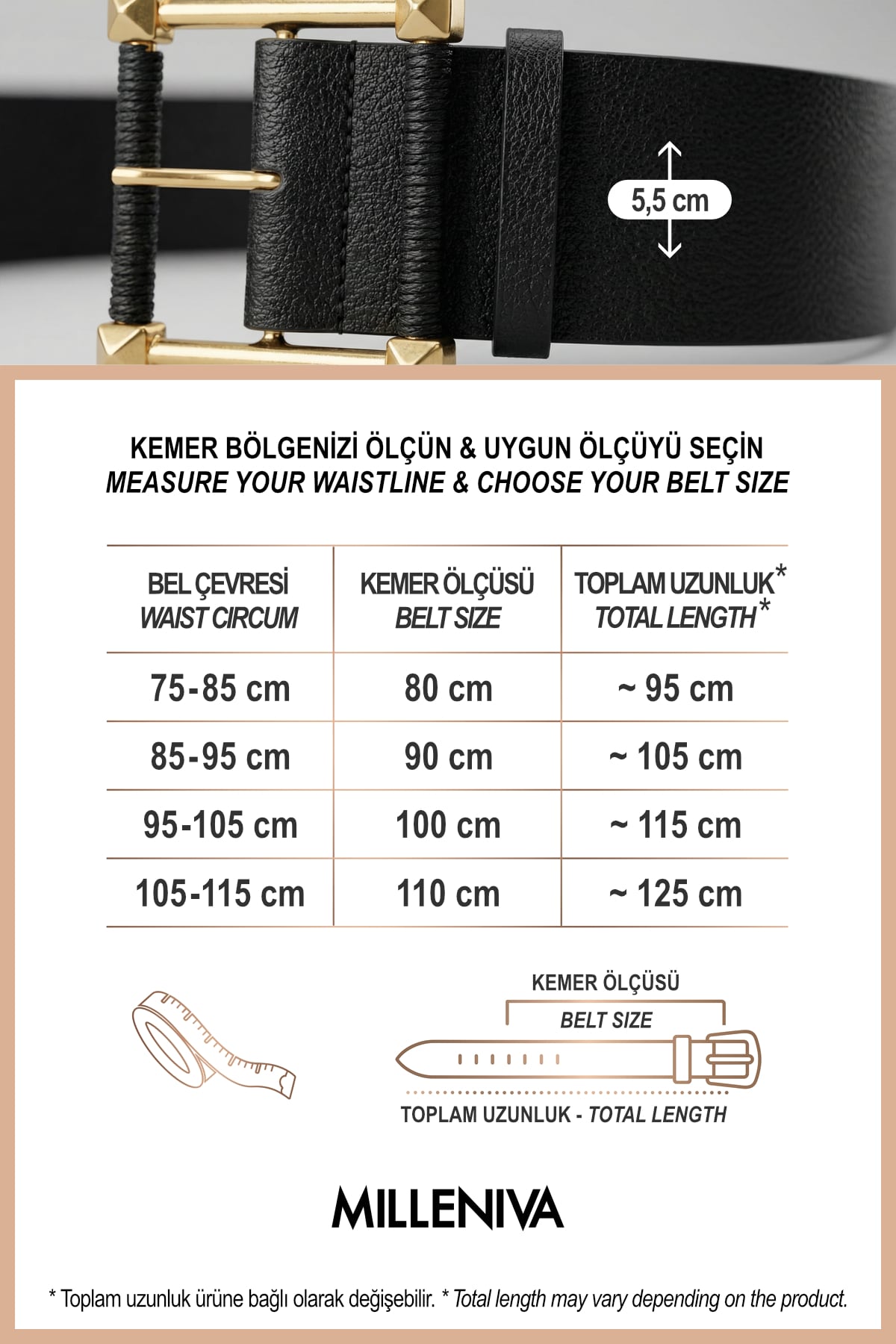 Milleniva kadın kemeri beden tablosu, siyah suni deri, altın kare tokalı, ip detaylı ve kalın kemer.