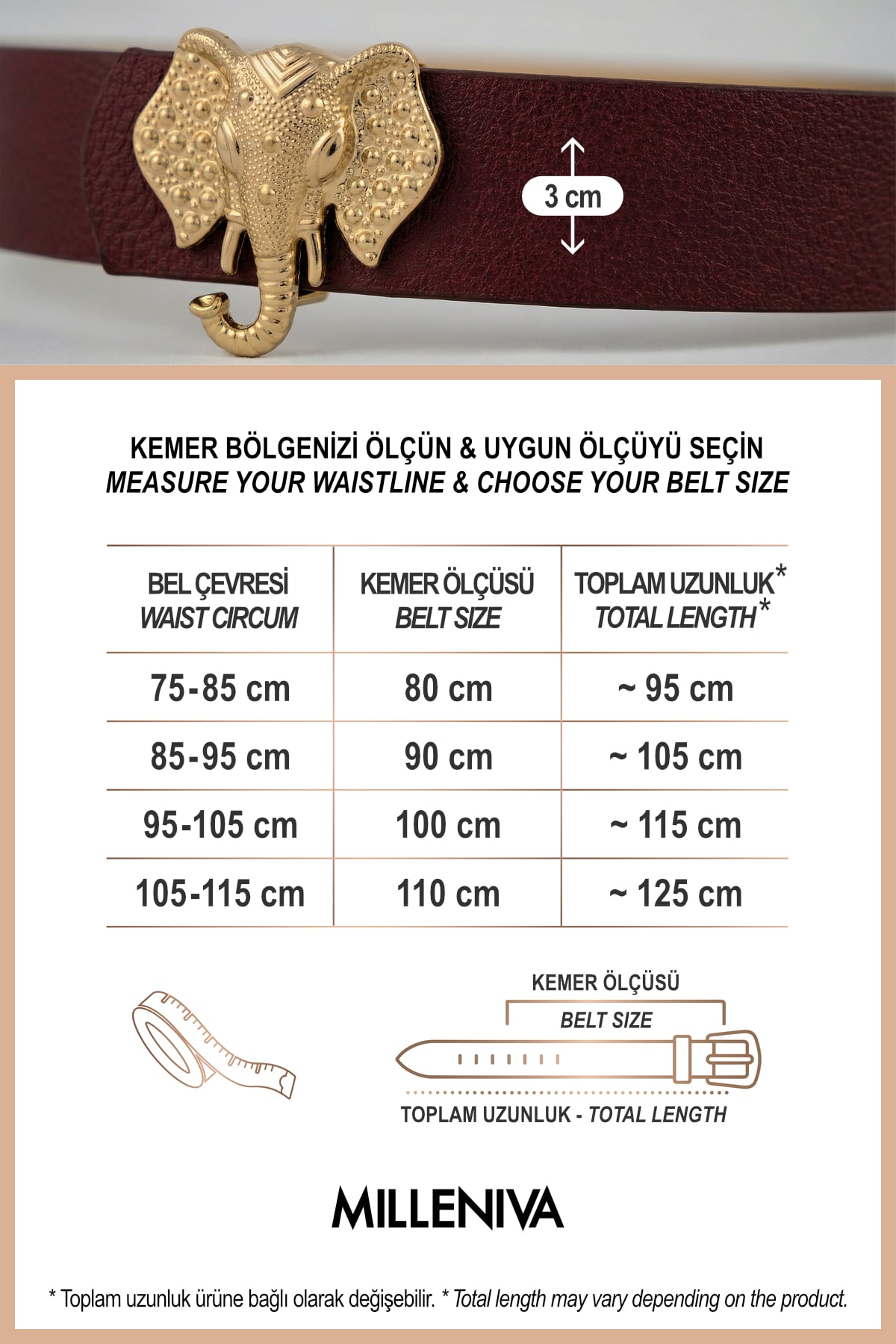 Milleniva kemer beden tablosu ve fil tokalı bordo deri kemer detayı.