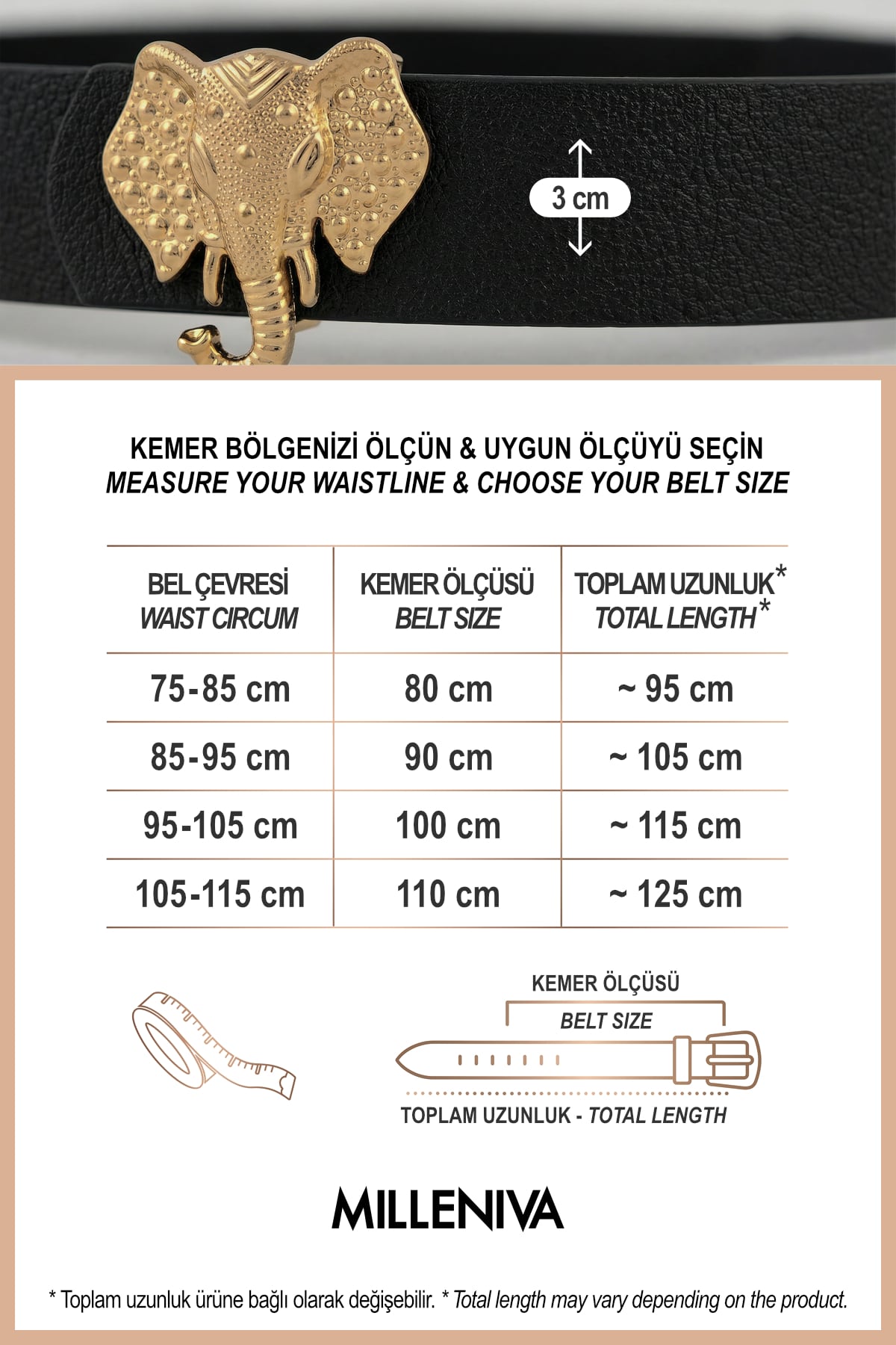 Milleniva siyah deri fil tokalı kadın kemer ve ölçü tablosu.