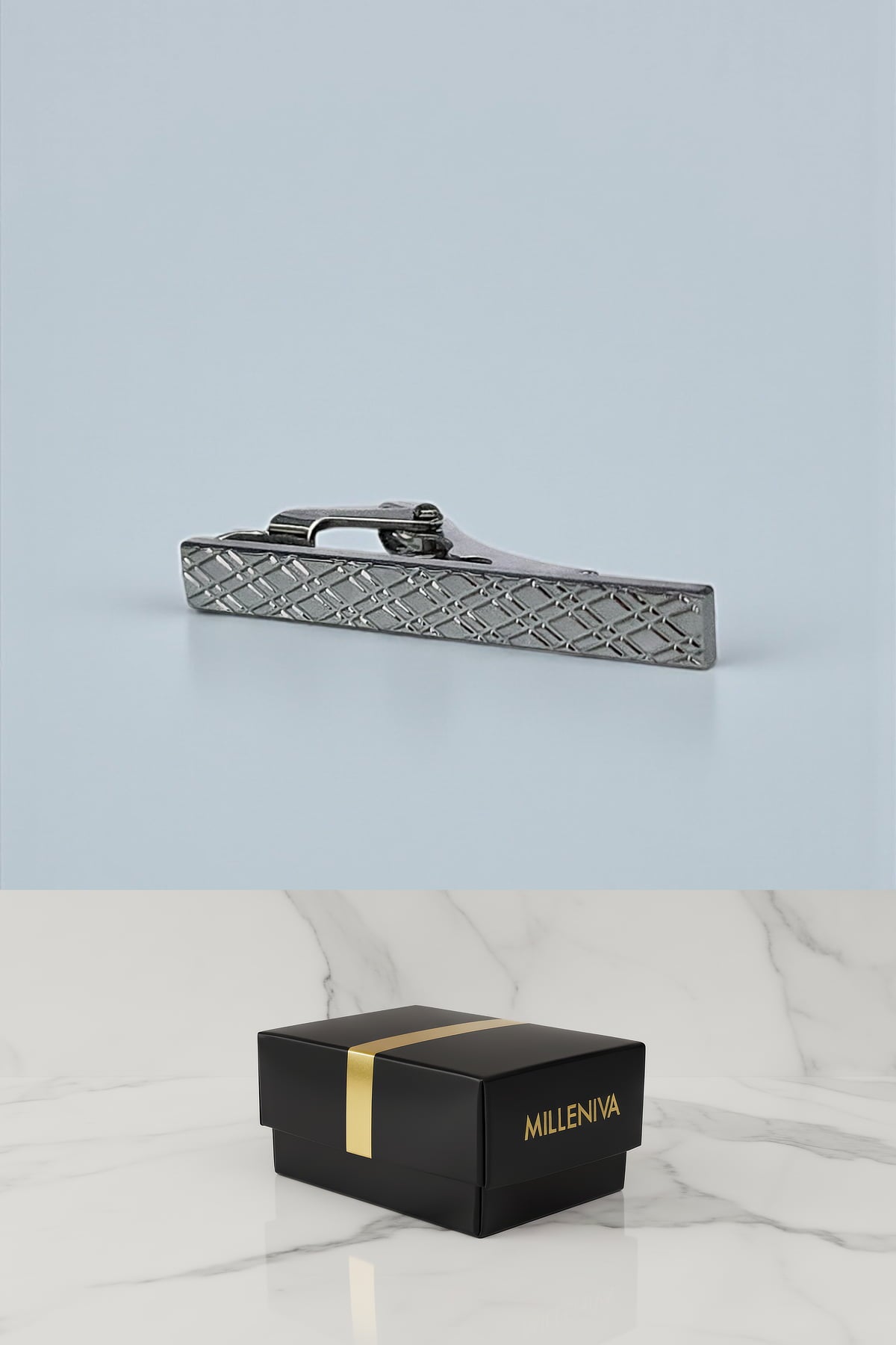 Milleniva gümüş baklava desenli metal kravat iğnesi. Özel kutulu, erkekler için ideal iş ve davet hediyesi.