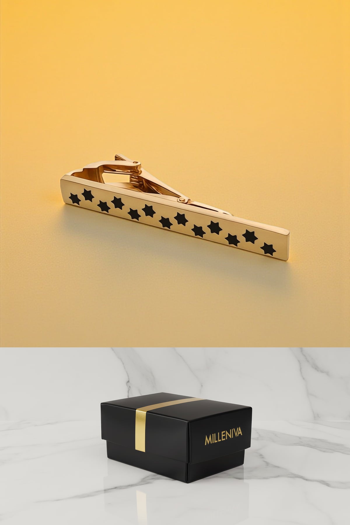 Milleniva altın yıldız desenli metal kravat iğnesi premium kutusu. Erkekler için ideal hediye, klasik ve iş giyim uyumlu.