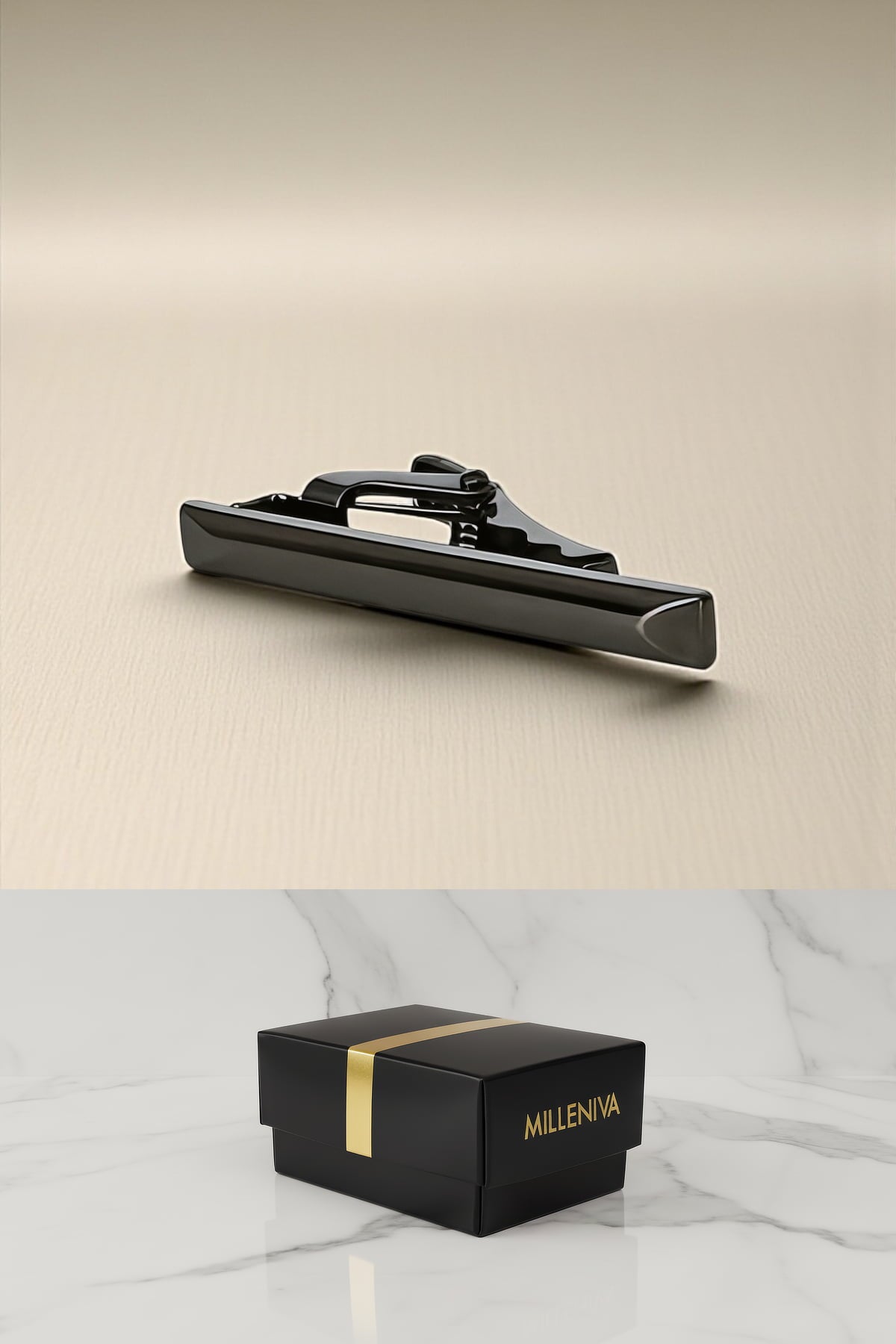 Milleniva özel kutulu koyu gri metal kravat iğnesi. İş ve davet için ideal, modern slim erkek aksesuarı.