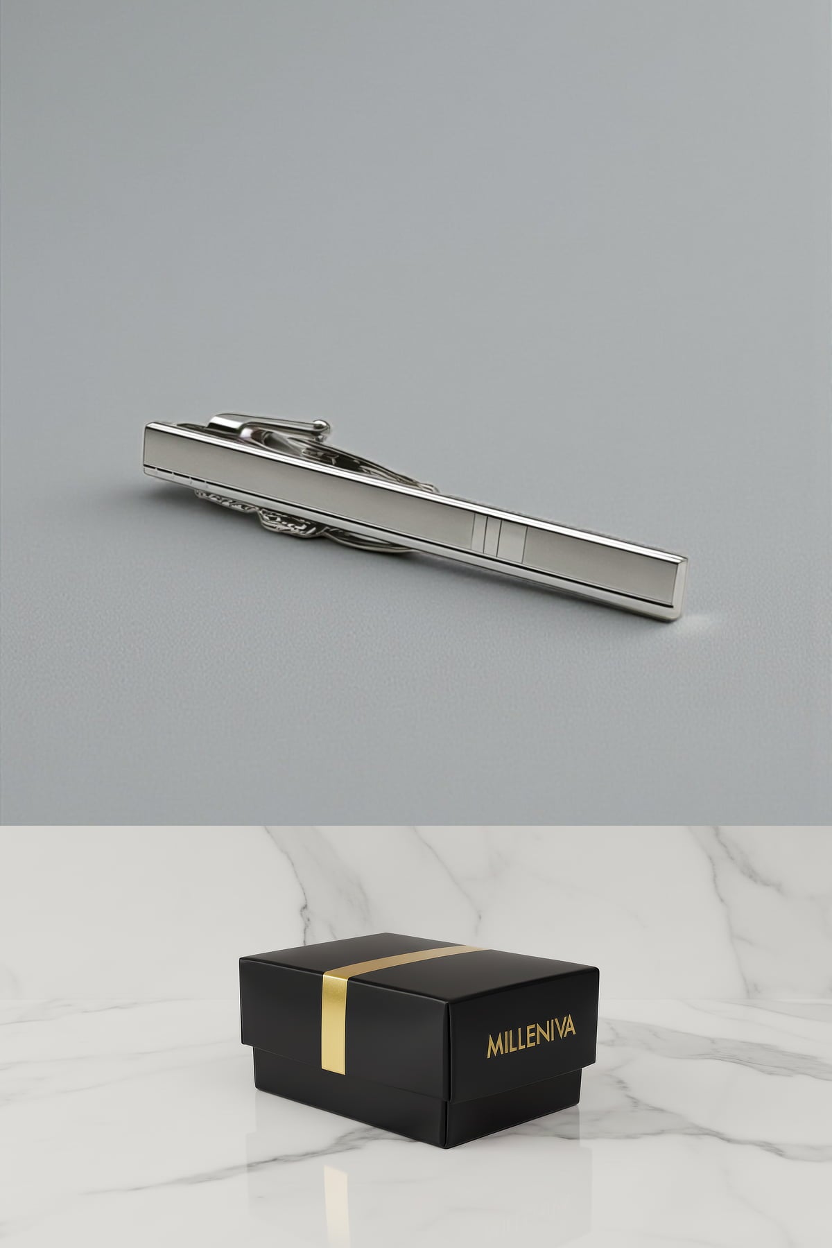 Özel kutuda Milleniva gümüş metal kravat iğnesi. Çizgi desenli zincirli erkek aksesuarı, iş ve davetlere uygun.