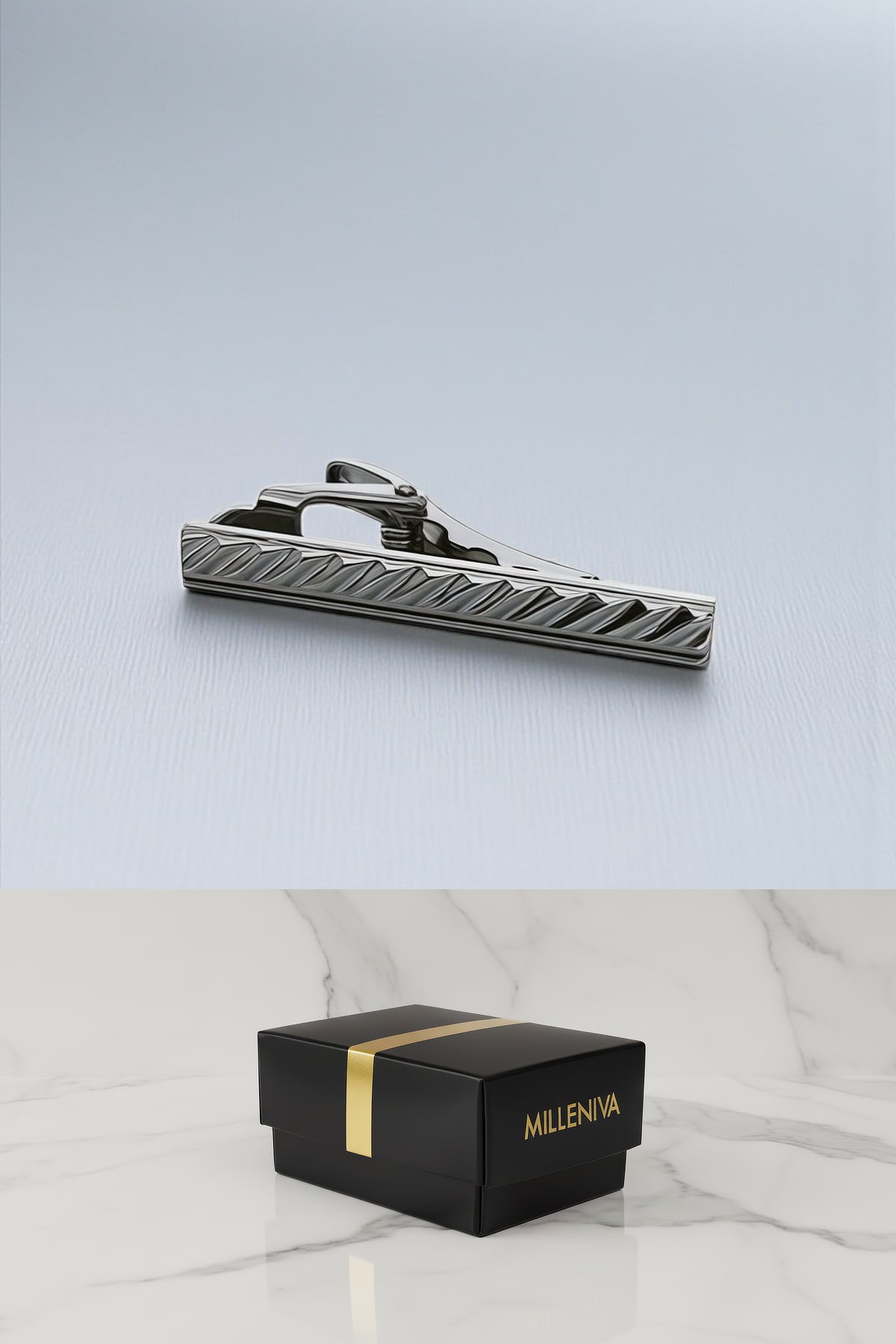Milleniva özel kutulu gümüş metal burgu slim kravat iğnesi. Erkek giyim için ideal, davet aksesuarı.