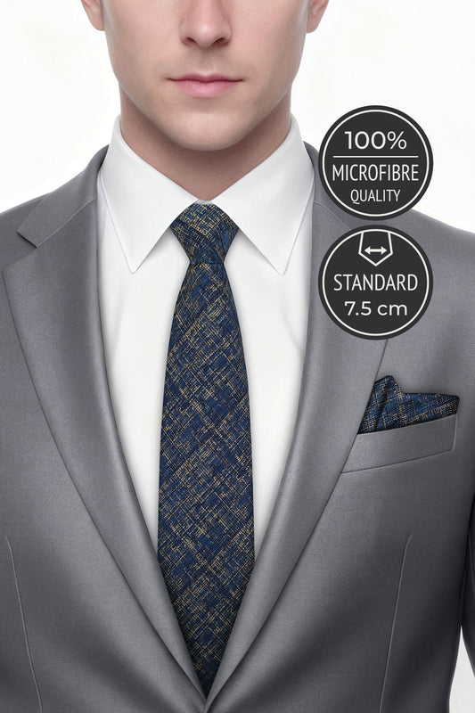 Milleniva mavi retro desen erkek kravatı, 7.5 cm standart genişlik. Takım elbise üzerinde şık kravat.