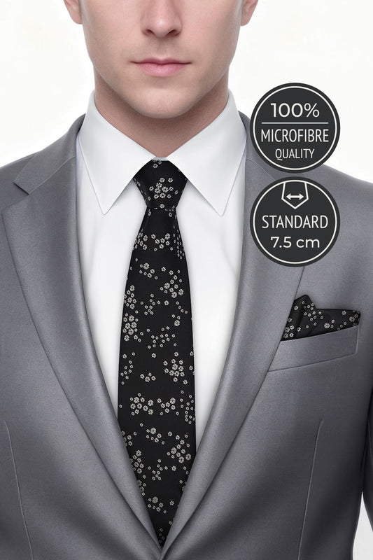 Milleniva siyah çiçek desenli mikrofiber kravat, erkekler için iş ve davetlere özel.