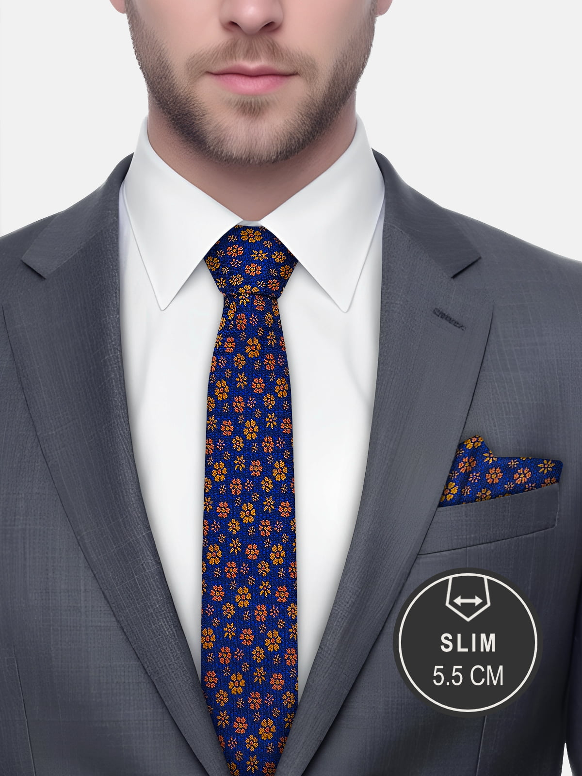 Milleniva slim 5.5cm lacivert çiçek desenli erkek kravatı. İş, toplantı, davet için şık mikrofiber aksesuar.